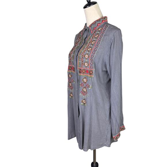 Scully Vintage Wash Gray Embroidered Button Up Long Sleeve Western Tunic Top - Picture 2 of 13